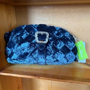 NWT Sam Edelson Blue Velvet Bag With Rhinestone Buckle & Removable Chain Strap